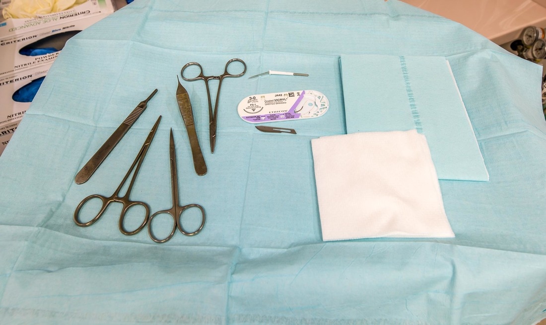 Picture of a surgical tray with the surgical instruments on top of it